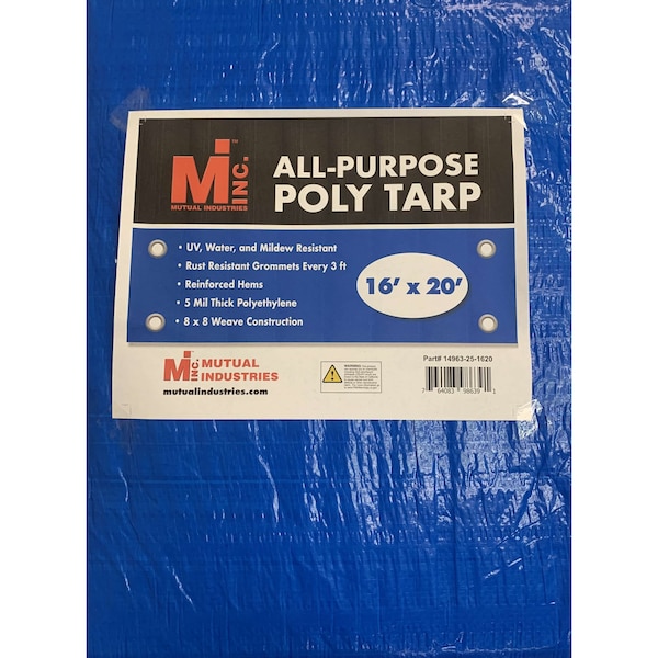 Tarp, 16 ft x 20 ft, 5 Mil, Blue, UV Resistant, Mildew Resistant